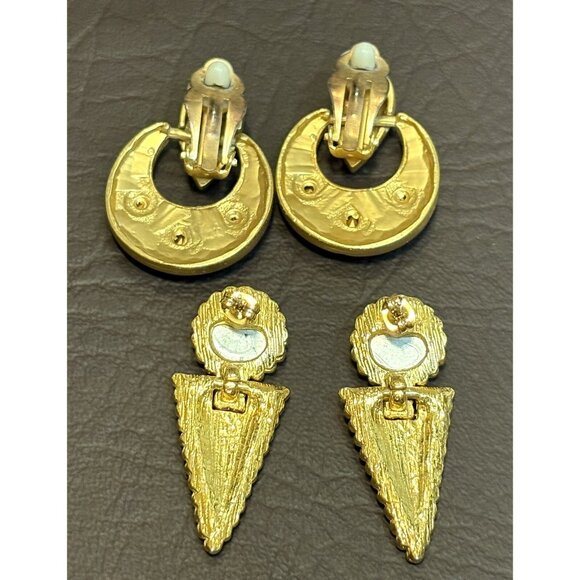 Lot of 2 80’s Vintage Runway Clip Pierced Door Knocker Enamel Earrings Gold Tone - Picture 5 of 8